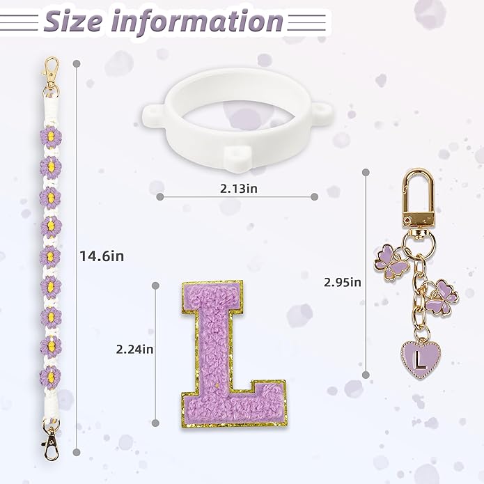 Compatible with Owala Water Bottle Accessories, Cute Letter Charm Set with Boho Handle Strap, Monogram Sticker, Silicone Ring, Keychain Decoration, for FreeSip 24 32 40oz, Owala Kids, Tumbler Gift