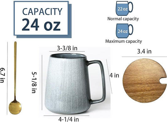 24 OZ Extra Large Ceramic Coffee Mug, with Spoon and Wooden Lid, Big Tea Cups with a Large Handle for Office and Home, Microwave and Dishwasher Safe (24 oz Grey Set)