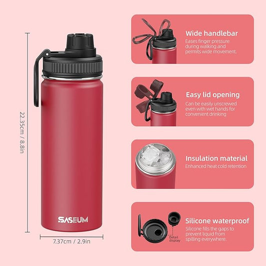 SASEUM Sport Water Bottle 18oz Stainless Steel Double Wall Vacuum Thermal Mug with Leak Proof Spout Lids, Wide Mouth Metal Insulated Water Jug for Gym and Travel（Red）