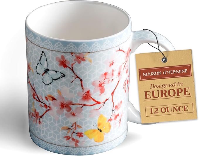 Maison d' Hermine Coffee Mug with Handles Fine Bone China Mugs Pack of One Tea Cups for Hot Beverages Cappuccino Latte Home Restaurant Office Perfect for Gift (Blossoms In Spring - Sakura, 12 Ounce)