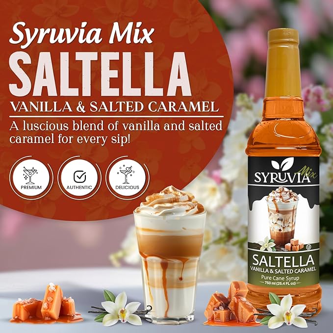 Syruvia SALTELLA Coffee Syrup Vanilla Salted Caramel - 25.4 fl oz - Kosher Syrups, Gluten Free With Pump