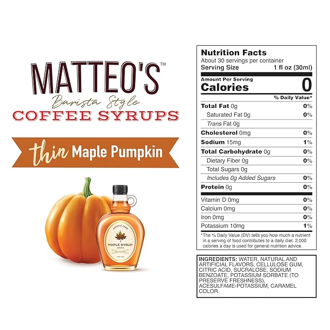 Matteo's Maple Pumpkin Syrup for Coffee, Lattes, Cappuccinos & Desserts – Sugar-Free Sweetener for Beverages, Keto Friendly, Zero Calories, Indulgent Flavor, Non-Alcoholic, 33.8oz (1pk)