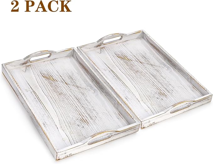 DEAYOU 2 Pack Wood Serving Tray, 16.5" Ottoman Wooden Trays for Coffee Table, Farmhouse Vintage Decorative Tray Platter with Cutout Handle for Eating, Breakfast, Rectangle, 16.5" L x 11" W