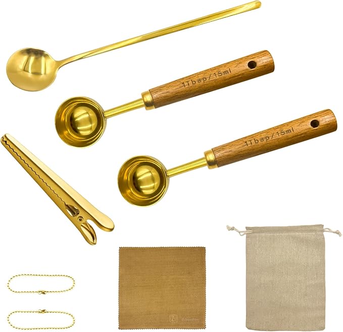 Gold Coffee Scoop with Wooden Handle, 1 Tablespoon / 15 ml, 304 Stainless Steel Measuring Spoon for Ground Coffee, Espresso, Tea, Protein Powder, Spices (6 Pack)