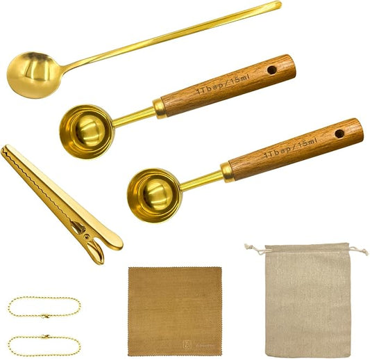 Gold Coffee Scoop with Wooden Handle, 1 Tablespoon / 15 ml, 304 Stainless Steel Measuring Spoon for Ground Coffee, Espresso, Tea, Protein Powder, Spices (6 Pack)