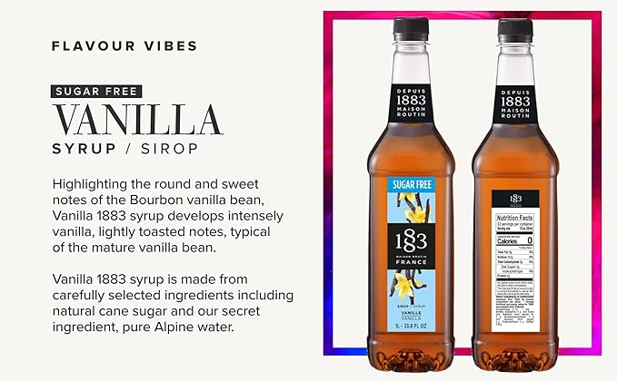 1883 Sugar Free Vanilla Syrup – Sugar Free Vanilla Coffee Syrup, Zero Calorie Beverage Mixer, Made in France, 1 Liter Plastic Bottle