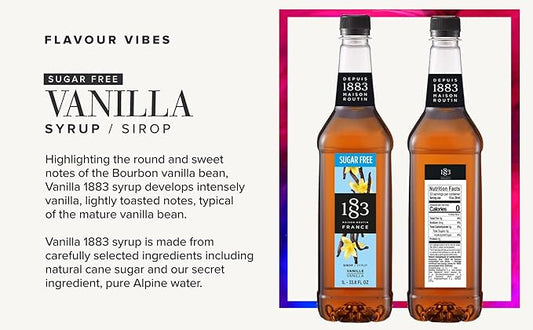 1883 Sugar Free Vanilla Syrup – Sugar Free Vanilla Coffee Syrup, Zero Calorie Beverage Mixer, Made in France, 1 Liter Plastic Bottle