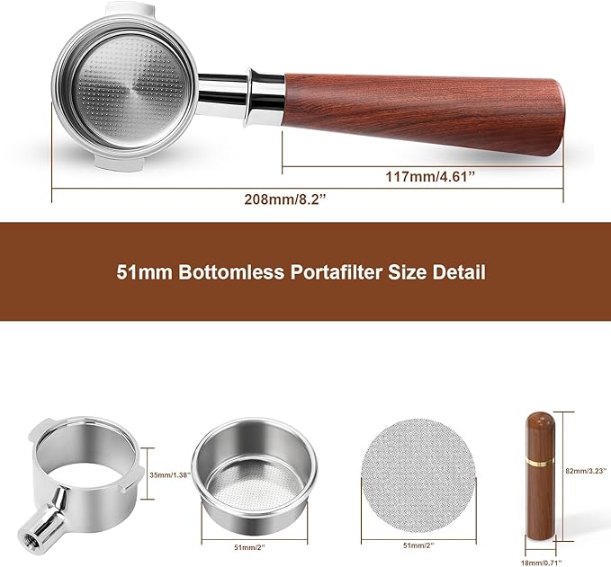 51mm Bottomless Portafilter 2 Ears with WDT Tool & Puck Screen, Stainless Steel Filter Basket and Rosewood Handle, Compatible with Delonghi ECP3420/EC155/EC260, ECP3120/3220/3630