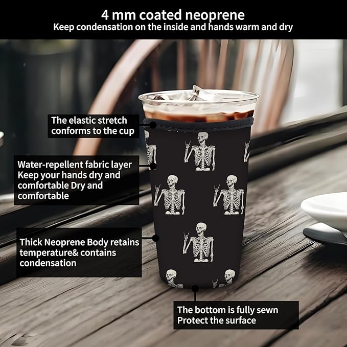 Reusable Neoprene Insulator Sleeve for Iced Coffee Cold Soda Cups, Cute Durable Drink Sleeve for Cold Beverages, Medium 22-28oz Cup Sleeve Cute Funny Skull