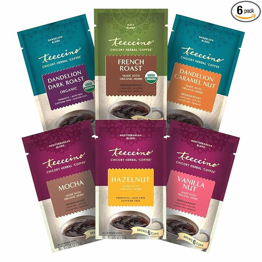 Teeccino Herbal Coffee Sampler - 6 x 30g Trial Size Chicory Coffee Alternatives - French Roast, Vanilla Nut, Hazelnut, Mocha, Maca Chocolate, Java – Prebiotic, Caffeine Free & Acid Free
