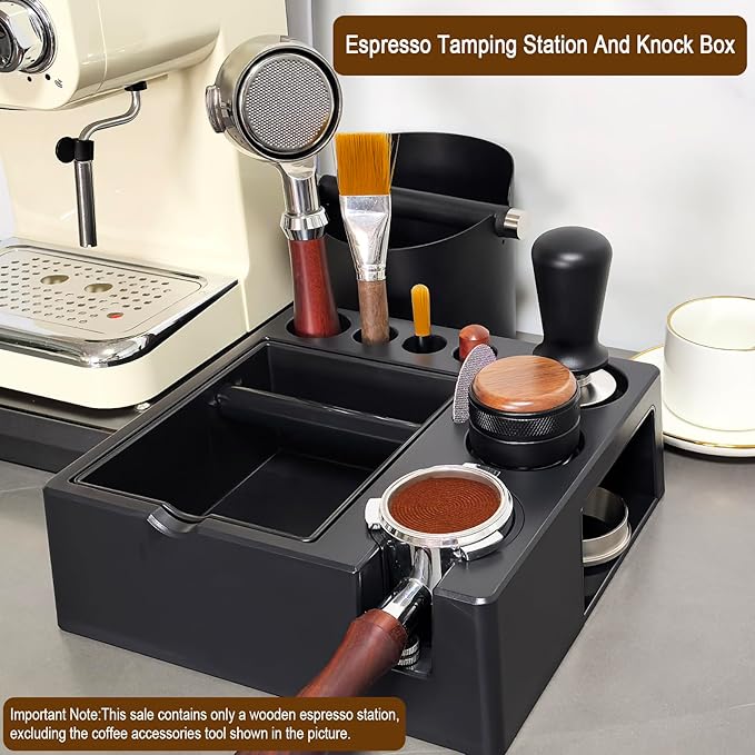 Espresso Tamping Station And Knock Box,ALL in 1 Espresso Organizer Station,Multifunctional Tamper Station Fit for 51/54/ 58mm Espresso Accessories,Removable Knock Box Espresso Station (Black, 51-58mm)