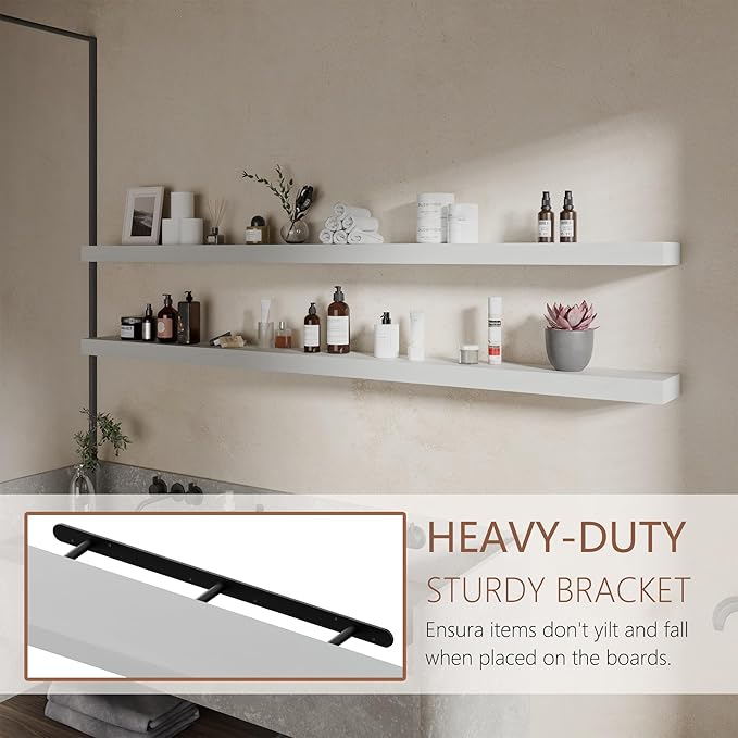 72 inch Long Floating Shelves for Wall,Solid Wood Long Shelves Set of 2,White Wooden Wall Mounted Shelf,Bookshelf Bathroom Shelves (White, 72 Inch)