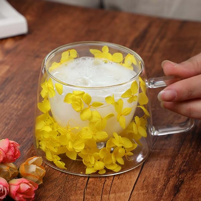 Generic Double Wall Insulated Glass Cup,Dried Flower Mug with Handle,Creative Transparent Coffee Cups,Gift for Women Mom Female (Yellow)