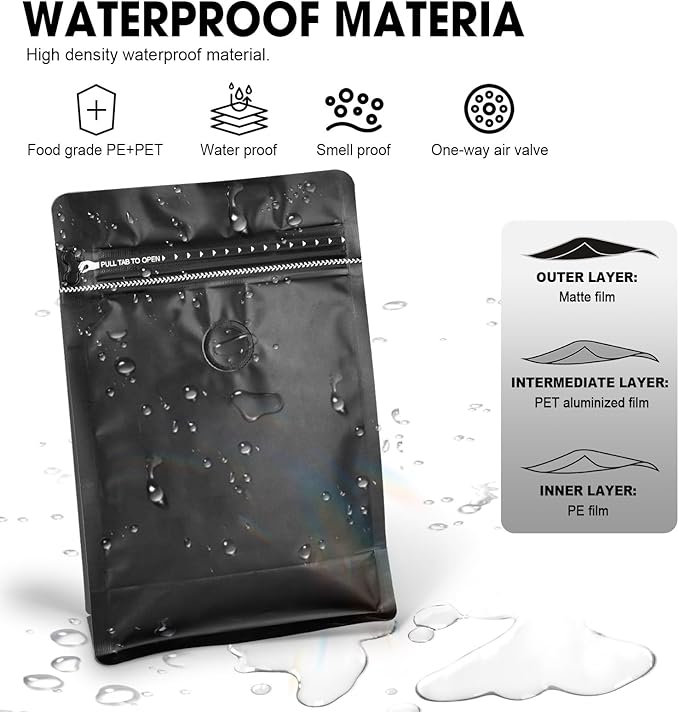Coffee Bags with Valve(60pcs,16oz,1lb) Vented Coffee Beans Packaging Bags High Barrier Aluminumed Foil Flat Bottom Heat Sealed Side Zipper Resealable Storage Bag for Home or Business（Black+Gray）