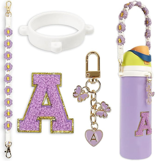 Compatible with Owala Water Bottle Accessories, Cute Letter Charm Set with Boho Handle Strap, Monogram Sticker, Silicone Ring, Keychain Decoration, for FreeSip 24 32 40oz, Owala Kids, Tumbler Gift