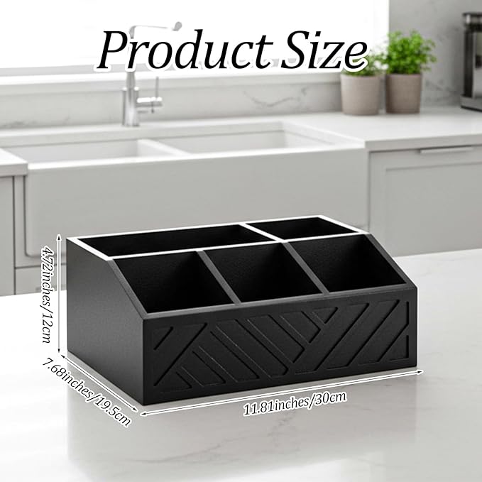 Kifmurase Black Coffee Station Organizer for Counter, Wood Coffee Pods Holder Storage Basket with 5 Compartments, Coffe and Tea Condiment Basket Storage Organizer, Farmhouse Bar Accessories Decor