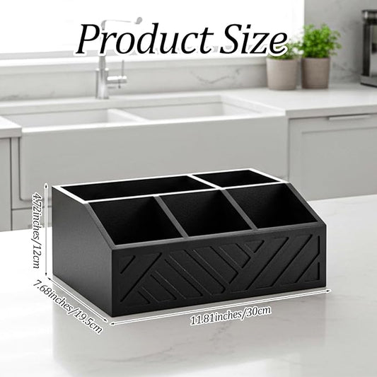 Kifmurase Black Coffee Station Organizer for Counter, Wood Coffee Pods Holder Storage Basket with 5 Compartments, Coffe and Tea Condiment Basket Storage Organizer, Farmhouse Bar Accessories Decor