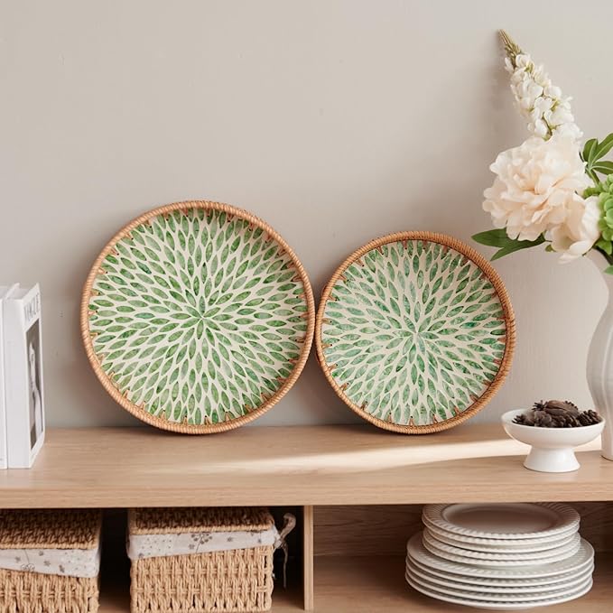 YANGQIHOME Round Rattan Tray with Handle, Mother of Pearl Inlay Decorative Wicker Basket for Coffee, Bread, Fruits, Serving Tray for Home Decor, 11.8 inch