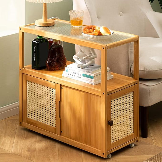 Side Table Glass Top Movable End Table Coffee Station Table, MDF Coffee Bar Stand Cart with Storage Coffee Table on Wheels,for Home Kitchen, Entryway, Living Room,Dining Room(Light Brown)