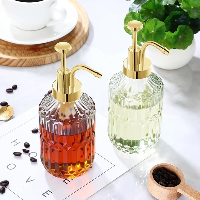 Glass Coffee Syrup Dispenser 13.5oz, Syrup Bottles with Luxurious Diamond Texture, Gold Syrup Pump, Coffee Bar Accessories, Kitchen Decoration