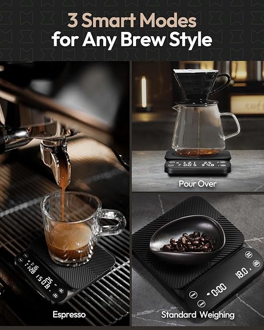 Maestri House S3 Coffee Scale with Timer, 3kg/0.1g Rechargeable Digital Scale, 3 Brew Modes, Adjustable Ratios & Flow Rate Display, Barista-Grade for Pour-Over, Espresso, French Press – Black