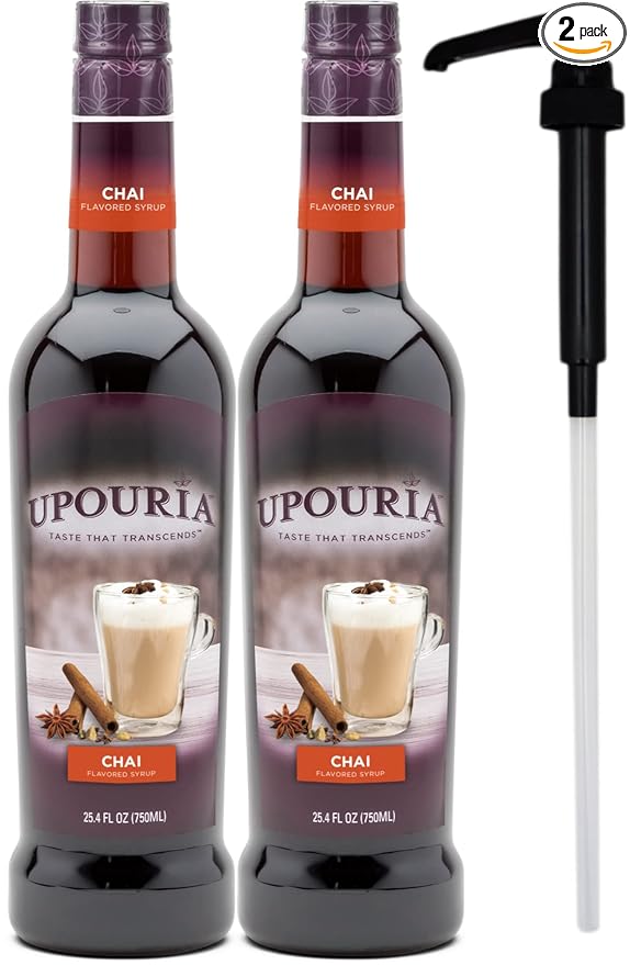 Upouria Chai Syrup Flavoring, 100% Vegan, Gluten-Free, Kosher, 750ml bottle (Pack of 2) with 1 Syrup Pump