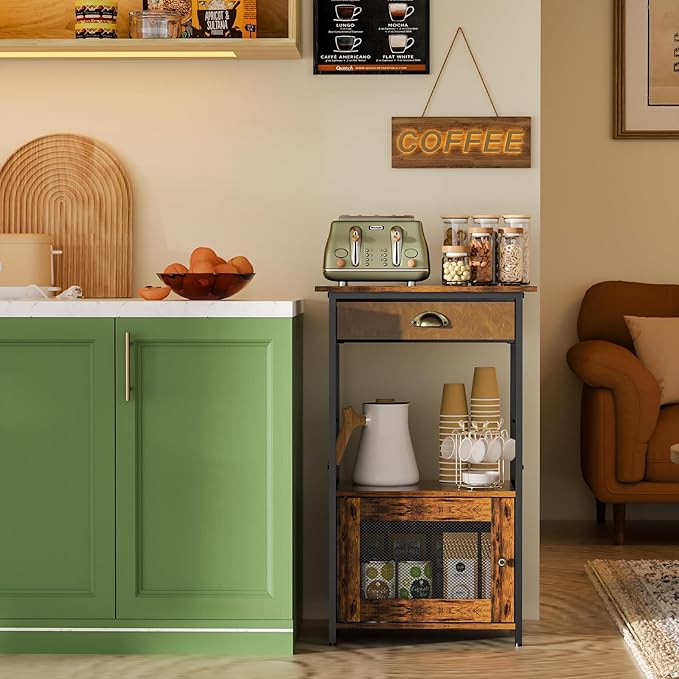 X-cosrack Coffee Bar Station, 3-Tier Small Coffee Stand Station with Storage, Farmhouse-Style Kitchen Microwave Stand Featuring 1-Door Cabinet Ideal for Living Room, Entryway, Kitchen
