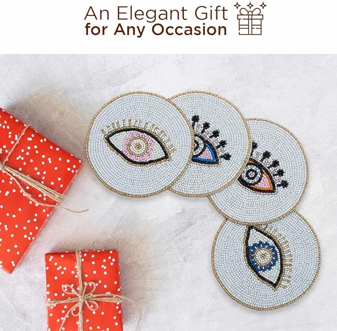 Folkulture Hand-Crafted Evil Eye 2.0 Beaded Coasters Set of 4 | Handmade Boho Drink Coasters for Coffee Table & Bar | Decorative Round Bead Coasters for Cocktails & Wine | New Year & Valentine Gift