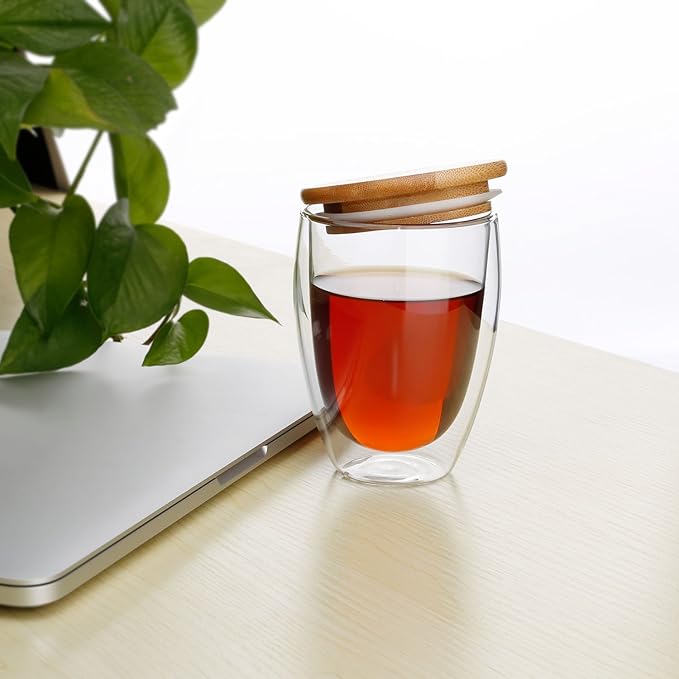 Glass Mug Set of 2, 12 Ounces Each, Double Wall Insulated Drinking Cup with Bamboo Lid, Also Good as Tea, Coffee and Wine Cups. Keeps Warm and Cold Drinks Longer. Comfortable to Touch