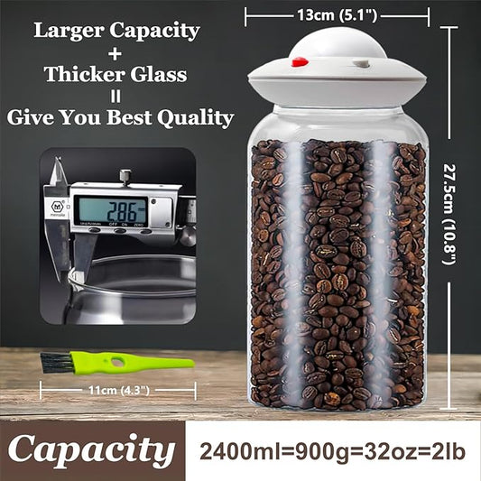 Vacuum Glass Coffee Storage Jar, 2400ML/81floz Large Canister with UFO Shaped Airtigt Lid,Perfect for Coffee Bean & Grounds,Sugar,Cereal,Dry Food