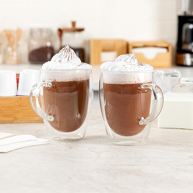 Restaurantware-Forma Professional 11.8 Ounce Glass Coffee Cups, 2 Insulated Coffee Cups With Handle - Dishwashable, Reusable, Clear Double Wall Beverage Tumblers, Freezable, For Hot Or Cold Beverages