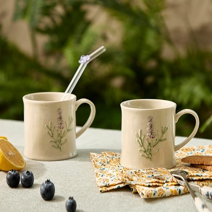 Artisanal Handcrafted Ceramic Mug with Sage Botanical Design - 10oz Off-White Stoneware Coffee Cup, Elegant Purple Sage Pattern, Dishwasher Safe, Comfort Grip Handle for Daily Use-2pack