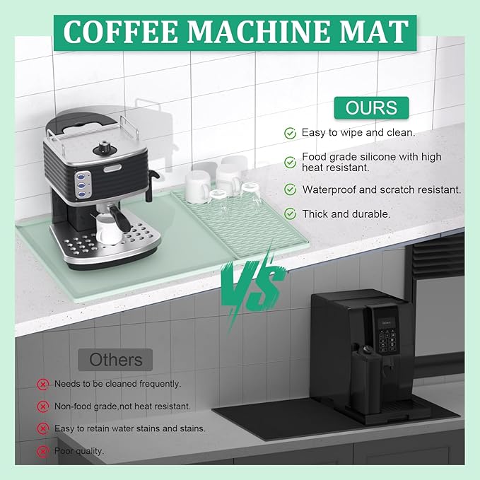 Silicone Coffee Mat Set - Includes Removable Drying Pad, Raised Edges for Non-Leak and Non-Slip, Suitable for Kitchen Coffee Machines and Countertop Protection, Bar Decor Pad (Green, 24" x 16")