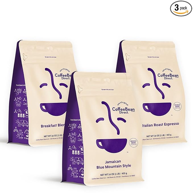 Coffee Bean Direct Signature Coffee Variety Bundle – Breakfast Blend, Italian Espresso & Jamaican Blue Mountain Style, Whole Bean, 1 Pound Bags (Pack of 3)