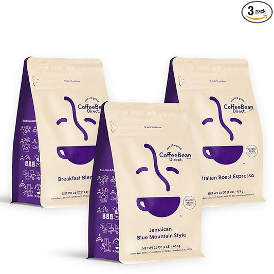 Coffee Bean Direct Signature Coffee Variety Bundle – Breakfast Blend, Italian Espresso & Jamaican Blue Mountain Style, Whole Bean, 1 Pound Bags (Pack of 3)