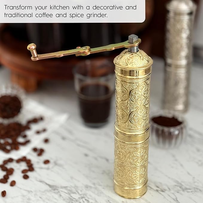 Handmade Turkish Pepper & Coffee Grinder, Refillable Turkish Spice Mill with Adjustable Coarseness, Manual Coffee Mill with Handle, Coffee Grinder Metal with Hand Crank 22 cm-8.66 inch (Yellow)