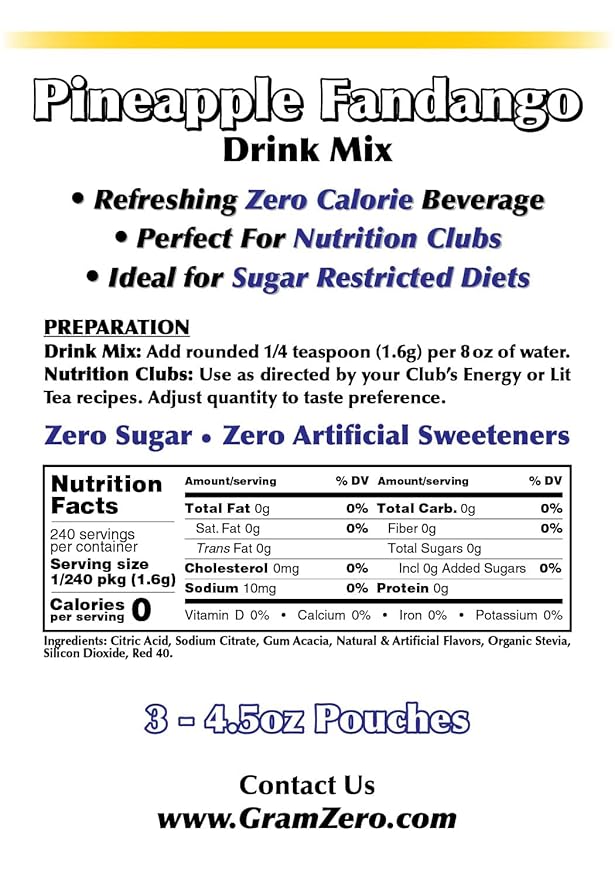 GramZero Pineapple Fandango Zero Calorie Sugar Free Drink Mix, Great For Nutrition Club Loaded Tea, Stevia Sweetened