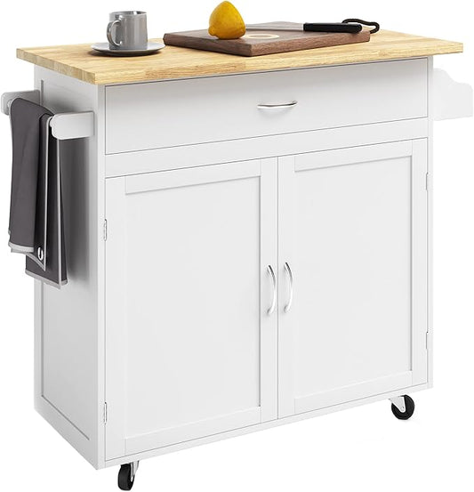 Lavish Home Kitchen Island Cart – Rolling Kitchen Table with Spice Rack, Towel Rack, Storage Drawers & Cabinet – Mobile Coffee Bar & Additional Counter Space (White)