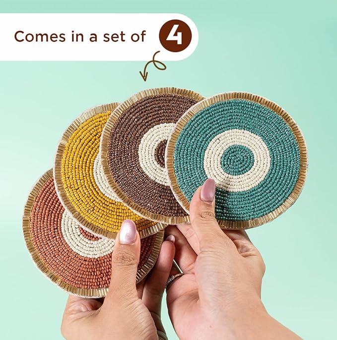 Folkulture Hand-Crafted Evil Eye Enchanment Beaded Coasters Set of 4 | Handmade Round Drink Coasters for Coffee Table & Bar | Boho Evil Eye Home Décor | Housewarming Gifts,Valentine Gift