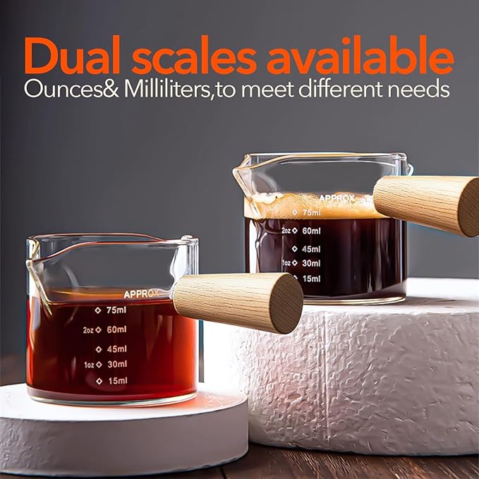 YARRAMATE 2.5 oz/75ML Espresso Shots Cup with Wood Handle (2 Pack), Clear Glass Espresso Measuring Cup, Espresso Shot Glass with Double V-Shaped Spout and Scale, Dishwasher Safe