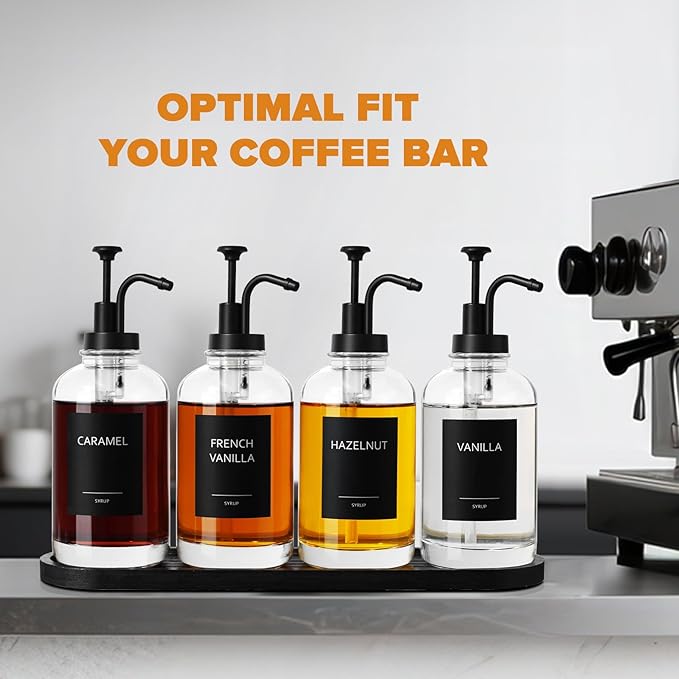 Coffee Bar Accessories, Glass Syrup Dispenser with Pump, 16.9 fl oz/500ml Syrup Bottles for Coffee Bar Organizer, Labels, Spoons,4 Pack