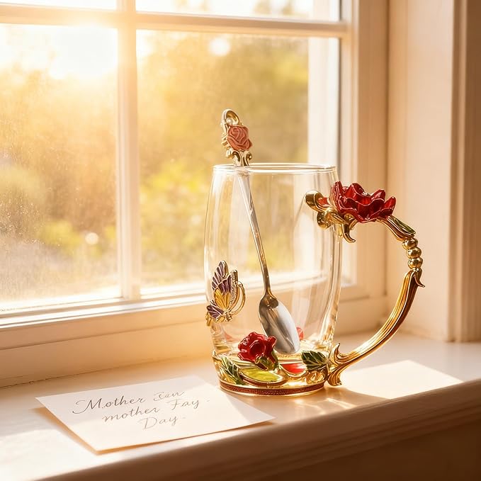 Handicraft Crystal Glass 3D Flower Cups Tea Mug With Tea Spoon Women Coffee, Tea, Juice, Beer, Milk Hot And Cold Drinks Use Gift Package. (Red Rose-Tal)