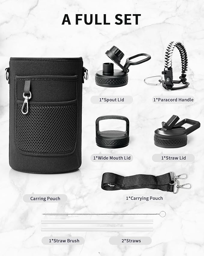 Trebo Water Bottle 64oz with Paracord Handle, Half Gallon Large Vacuum Double Wall Stainless Steel Insulated Water Jug with Holder Strap Straw Spout Lids, Leakproof Keep Cold & Hot,Black and white