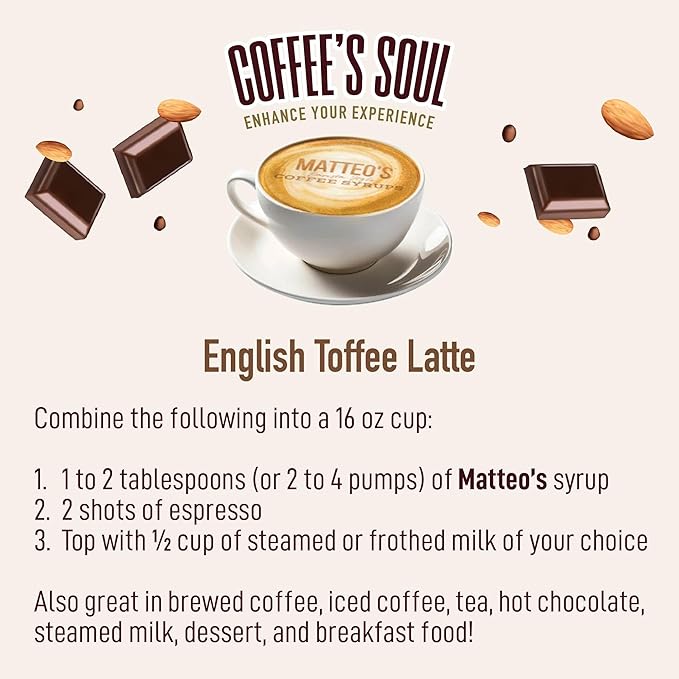 Matteo's English Toffee Syrup for Coffee, Lattes, Cappuccinos & Desserts – Sugar-Free Sweetener for Beverages, Keto Friendly, Zero Calories, Indulgent Flavor, Non-Alcoholic, 33.8oz (6pk)