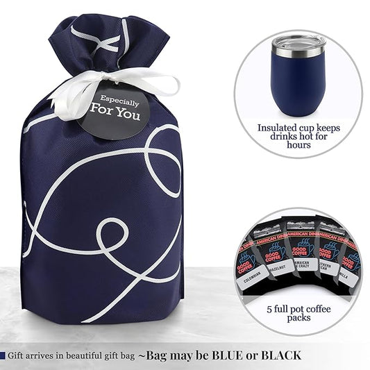 Coffee Lovers Gifts Basket - Gift Sets Include Temperature Retention Insulated Cup and 5 Special Blend Full Pot Ground-Coffee Samplers Presented in Beautiful Gift Bag For Women & Men