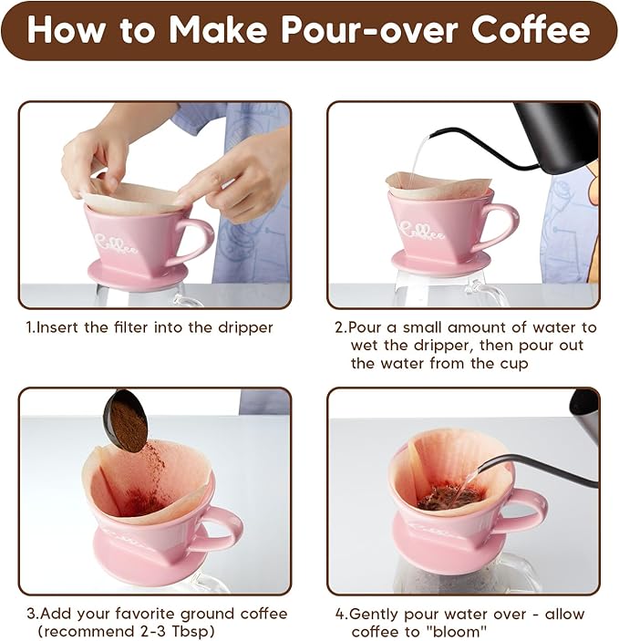 Pour Over Coffee Maker, Ceramic Pour Over Coffee Dripper, Manual Brew Maker, Pink Kitchen Decor and Accessories, Single Cup Porcelain Slow Brewing Accessories for Cafe Coffee Bar