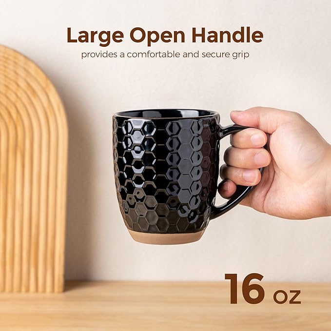 GBhome Large Coffee Mugs Set of 4, 16oz Handmade Embossed Coffee Mugs Set with Large Handle for Cappuccino/Latte/Tea/Hot Cocoa, Dishwasher & Microwave Safe, Black