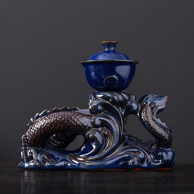 Semi Automatic Tea Set Ceramic Teapot with Infuser Magic Teapot with 8 cups (Dark Blue Dragon-D)