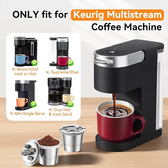 CAPMESSO Reusable K Cups for Keurig: 4 Stainless Steel Coffee Pods 5-hole Metal Coffee Filters for Keurig K Supreme/K Slim/K-Brew Chill/K-Duo Gen 2 with Multistream Technology, No BPA, Durable
