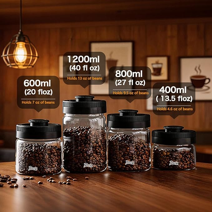 Bincoo Vacuum Sealed Coffee Canister with Time Tracker - Airtight Food Storage Container, Manual Pump Preserves Freshness for Coffee Beans, Nuts, Dry Goods, Glass Jar with Date Dial (0.4L)